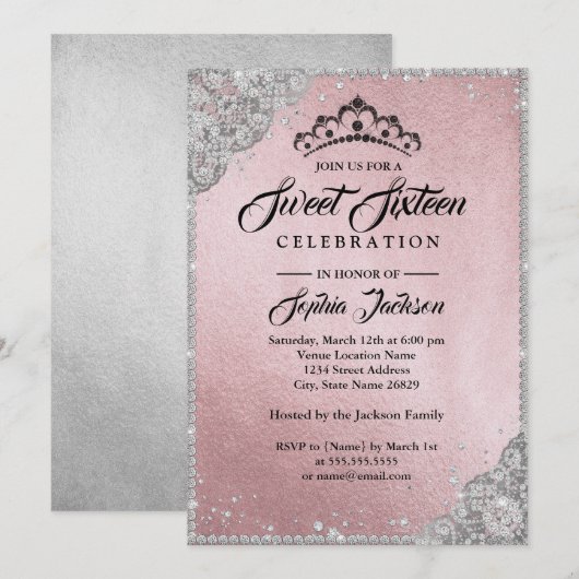 Diamond Lace Sparkle Pink Silver Sweet Sixteen Kaart (Voorkant / Achterkant)