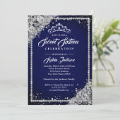 Diamond Lace Sparkle Tiara Navy Sweet Sixteen Kaart (Staand voorkant)