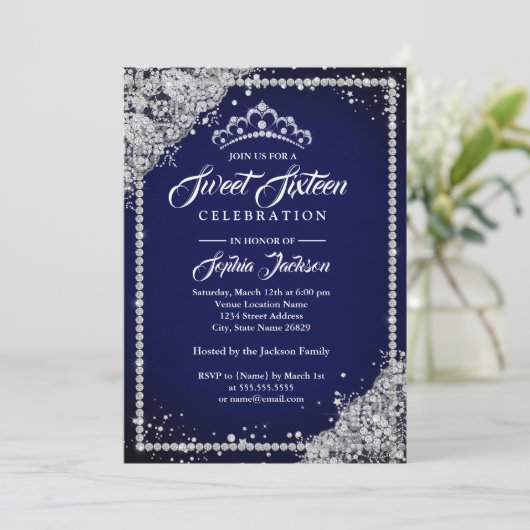 Diamond Lace Sparkle Tiara Navy Sweet Sixteen Kaart (Staand voorkant)