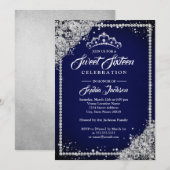 Diamond Lace Sparkle Tiara Navy Sweet Sixteen Kaart (Voorkant / Achterkant)