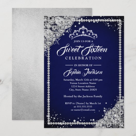 Diamond Lace Sparkle Tiara Navy Sweet Sixteen Kaart (Voorkant / Achterkant)