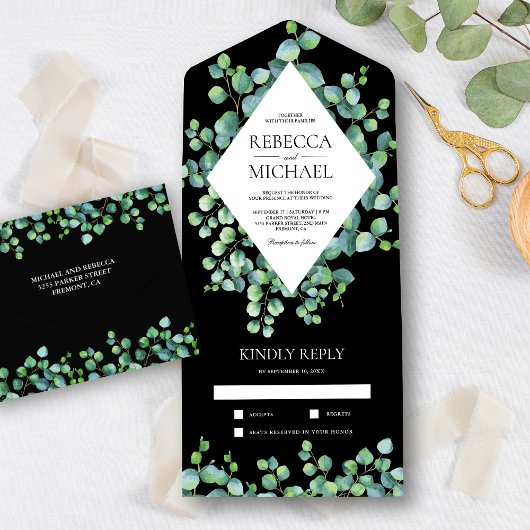 Diamond Lijst Eucalyptus Leaves Black Wedding All In One Uitnodiging