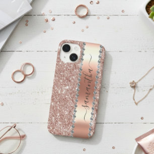 Diamond Look Glitter Kalligrafie Naam Roos Goud Case-Mate iPhone 14 Hoesje
