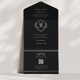 Diamond Monogram Floral Black Wedding All in One Uitnodiging