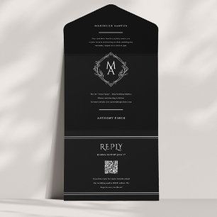 Diamond Monogram Floral Black Wedding All in One Uitnodiging