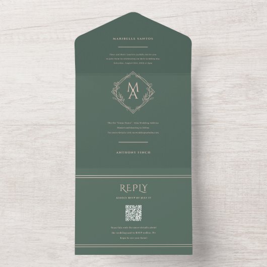 Diamond Monogram Floral Evergreen Wedding All In One Uitnodiging (Binnen)