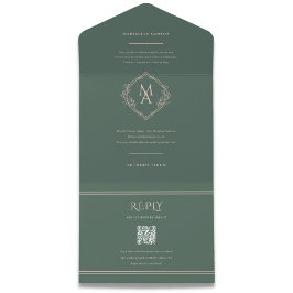 Diamond Monogram Floral Evergreen Wedding All In One Uitnodiging