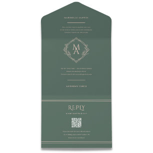 Diamond Monogram Floral Evergreen Wedding All In One Uitnodiging