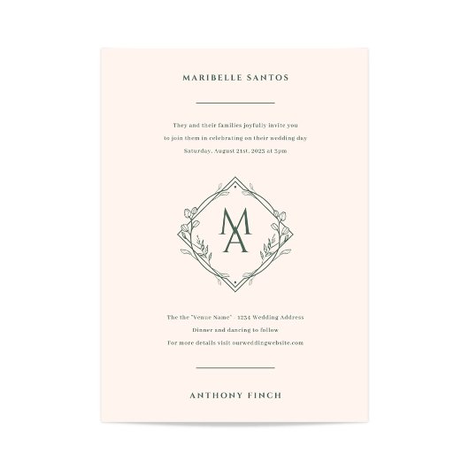 Diamond Monogram met bloemen Evergreen Wedding Kaart