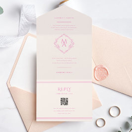 Diamond Monogram met bloemen in roze bruiloft All In One Uitnodiging