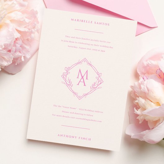 Diamond Monogram met bloemen in roze bruiloft Kaart