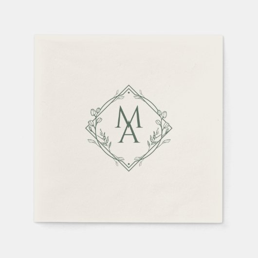 Diamond Monogram met bloemen op Evergreen Servet (Voorkant)
