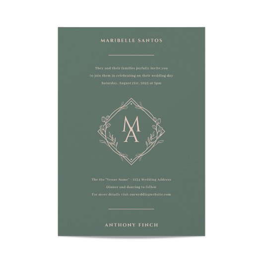 Diamond Monogram met bloemen op Evergreen Wedding Kaart