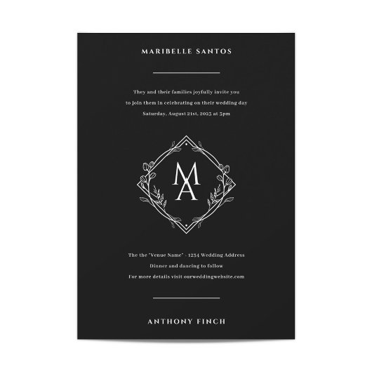 Diamond Monogram met bloemen op het zwarte huwelij Kaart