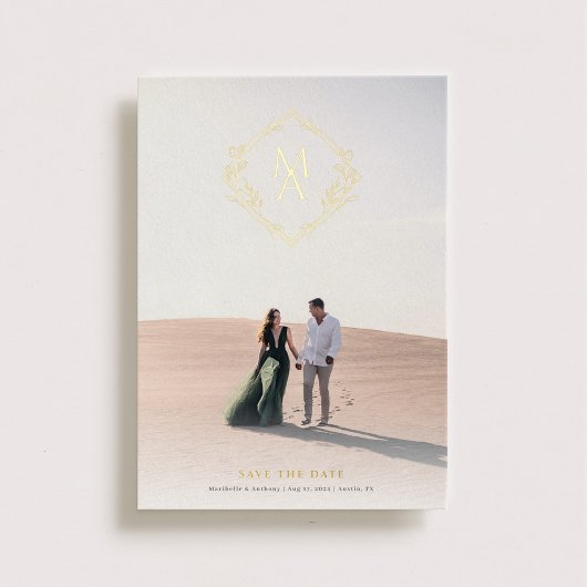 Diamond Monogram met Flowers Gold Save the Date Folie Uitnodiging