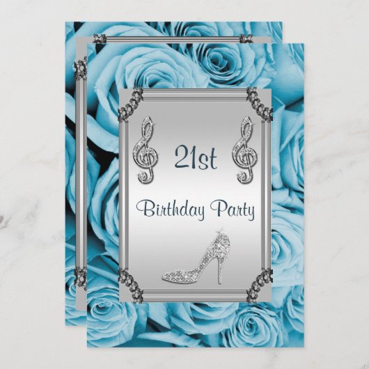 Diamond Music Note, Stiletto & Blue Rozen 21st Kaart (Voorkant / Achterkant)