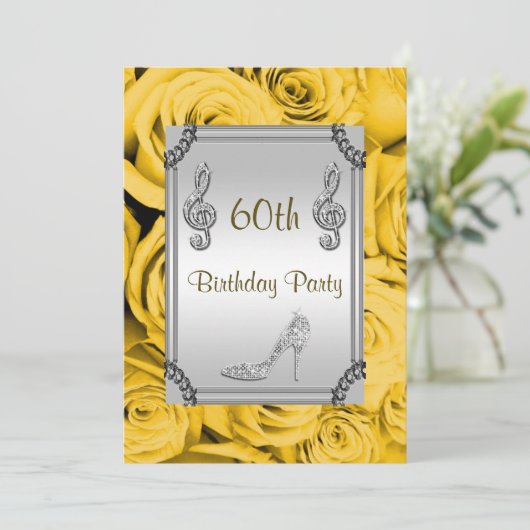 Diamond Music Note, Stiletto & Gele Rozen 60e Kaart (Staand voorkant)