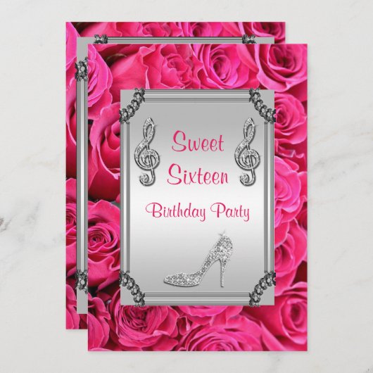 Diamond Music Note, Stiletto & Rozen Sweet 16 Kaart (Voorkant / Achterkant)