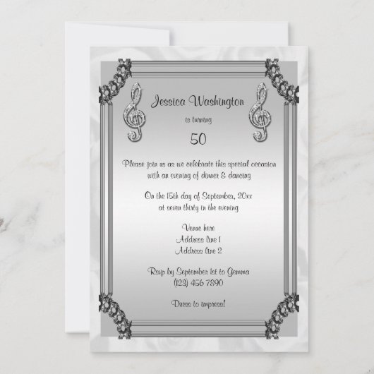 Diamond Music Note, Stiletto & White Roses 50ste Kaart (Achterkant)