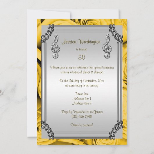 Diamond Music Note, Stiletto & Yellow Roses 50ste Kaart (Achterkant)