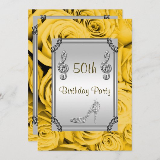 Diamond Music Note, Stiletto & Yellow Roses 50ste Kaart (Voorkant / Achterkant)