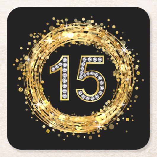 Diamond Number 15 Glitter Bling Confetti | goud Kartonnen Onderzetters (Voorkant)