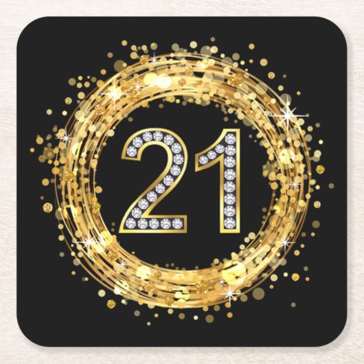 Diamond Number 21 Glitter Bling Confetti | goud Kartonnen Onderzetters (Voorkant)