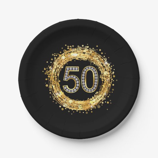 Diamond Number 50 Glitter Bling Confetti | goud Papieren Bordje (Voorkant)