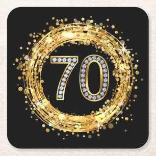 Diamond Number 70 Glitter Bling Confetti   goud Kartonnen Onderzetters