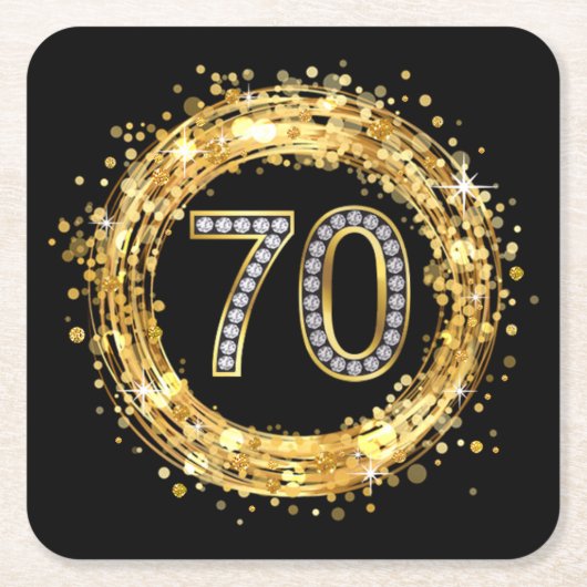 Diamond Number 70 Glitter Bling Confetti | goud Kartonnen Onderzetters (Voorkant)