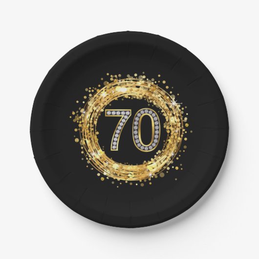 Diamond Number 70 Glitter Bling Confetti | goud Papieren Bordje (Voorkant)