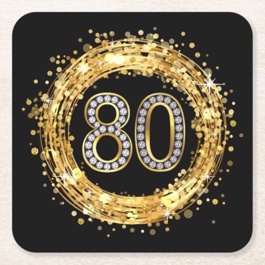 Diamond Number 80 Glitter Bling Confetti | goud Kartonnen Onderzetters (Voorkant)