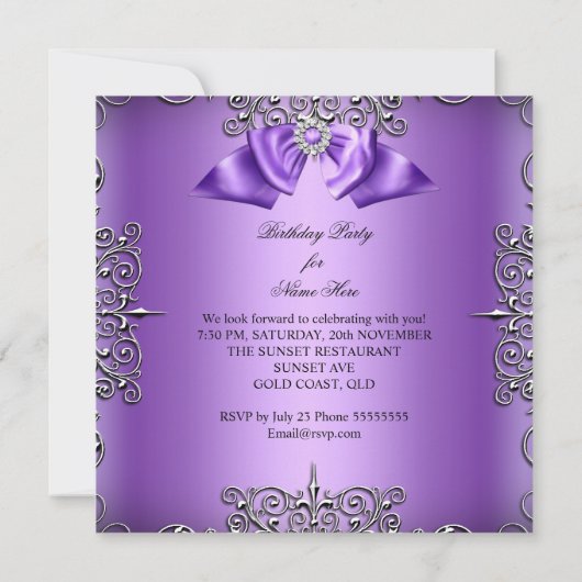 Diamond Paars Bow Silver Elegant Birthday Party 2 Kaart (Achterkant)