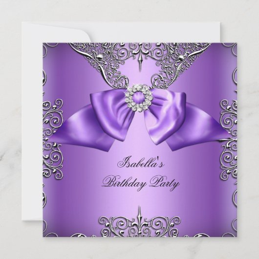 Diamond Paars Bow Silver Elegant Birthday Party 2 Kaart (Voorkant)