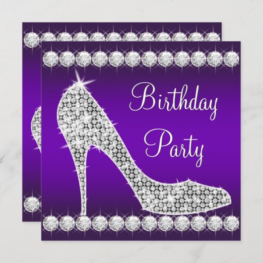 Diamond Paarse High Heel Shoe Verjaardagsfeest Kaart (Voorkant / Achterkant)