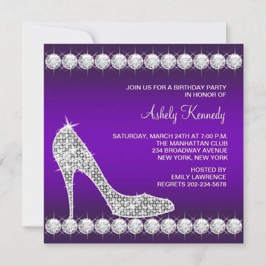 Diamond Paarse High Heel Shoe Verjaardagsfeest Kaart (Achterkant)