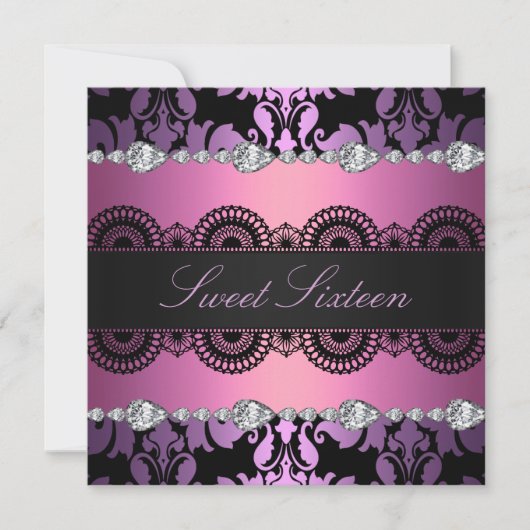 Diamond Paarse/Roze Sweet16 Verjaardag uitnodiging (Voorkant)