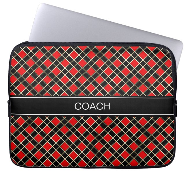 Diamond Pattern in Black and Red & Belt Laptop Sleeve (Voorkant)