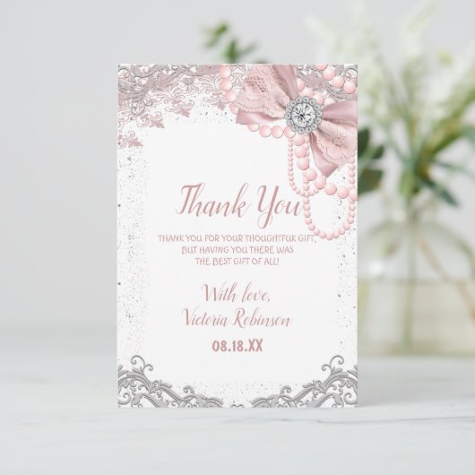 Diamond Pearl Blush Pink Girly Elegant Baby shower Bedankkaart (Staand voorkant)