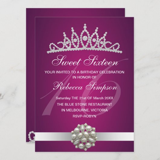 Diamond & Pearls Roze Tiara Verjaardag Uitnodiging (Voorkant / Achterkant)