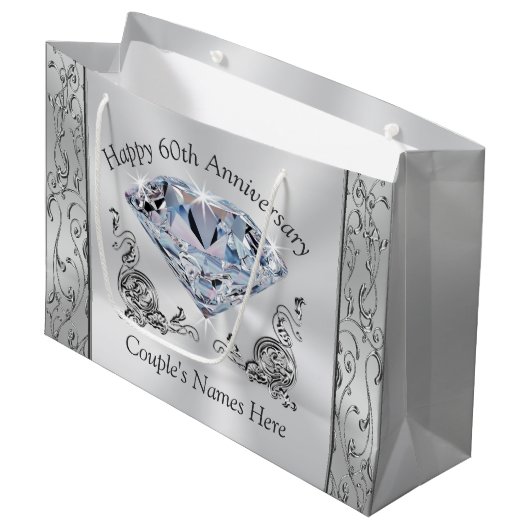 Diamond Personalized 60e Jubileum Gift Bags Groot Cadeauzakje (Voorkant Gekanteld)