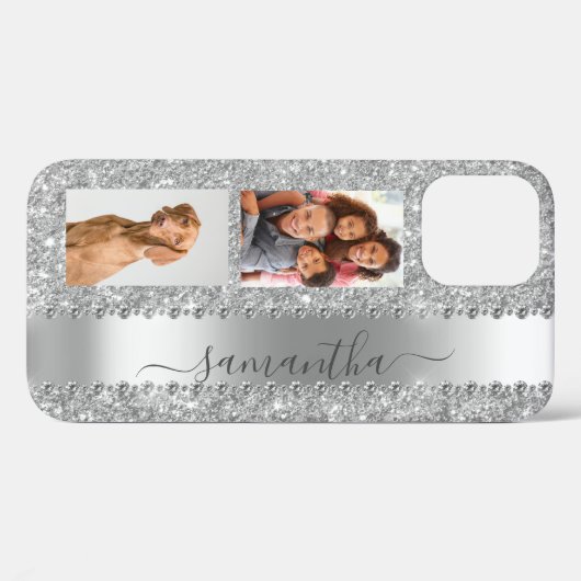 Diamond Photo Glitter Name Monogram Silver Case-Mate iPhone Case (Achterkant (horizontaal))