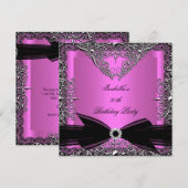 Diamond Pink Black Bow Silver Birthday Party Kaart (Voorkant / Achterkant)