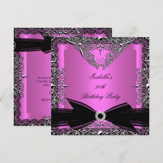 Diamond Pink Black Bow Silver Birthday Party Kaart (Voorkant / Achterkant)
