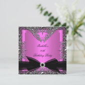 Diamond Pink Black Bow Silver Birthday Party Kaart (Staand voorkant)