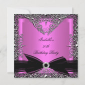 Diamond Pink Black Bow Silver Birthday Party Kaart (Voorkant)