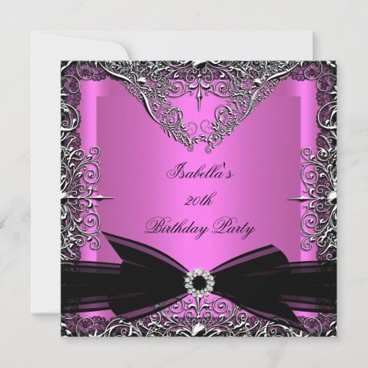 Diamond Pink Black Bow Silver Birthday Party Kaart (Voorkant)
