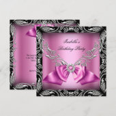 Diamond Pink Bow Silver Black Birthday Party Kaart (Voorkant / Achterkant)