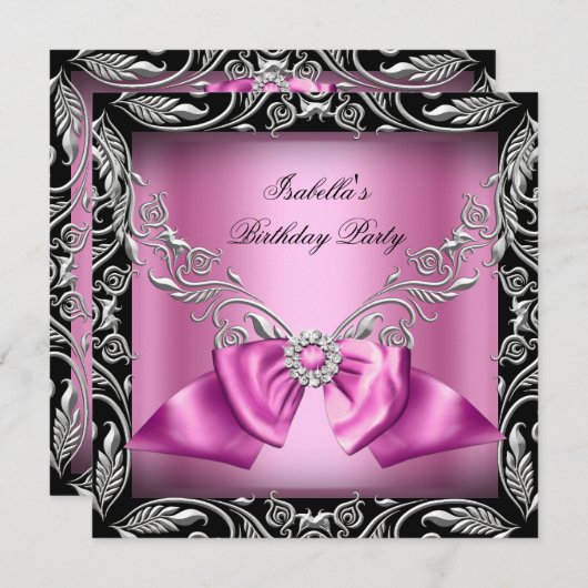 Diamond Pink Bow Silver Black Birthday Party Kaart (Voorkant / Achterkant)