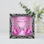 Diamond Pink Bow Silver Black Birthday Party Kaart (Staand voorkant)